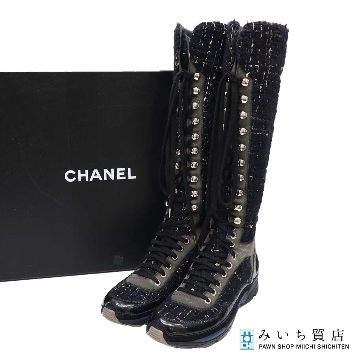 CHANEL シャネル ロングブーツ ツイード T G30443 37 ブラック
