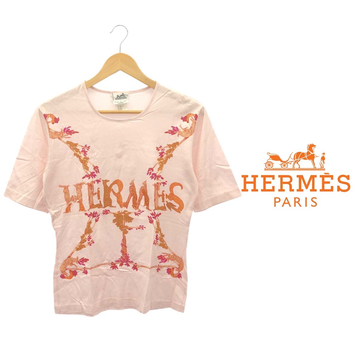 エルメスのTシャツ美品 HERMES エルメス アニマル Tシャツ ピンク サイズL レディース