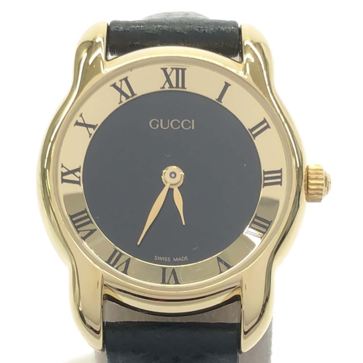 稼働GUCCI グッチ 電池交換済 革ベルト ブラック文字盤 クオーツ