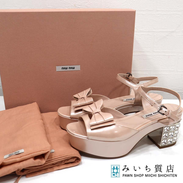 未使用 ミュウミュウ miumiu 靴 リボン サンダル ビジュー ヒール 36.5 サイズ 23.5cm ピンク ラインストーン H13135