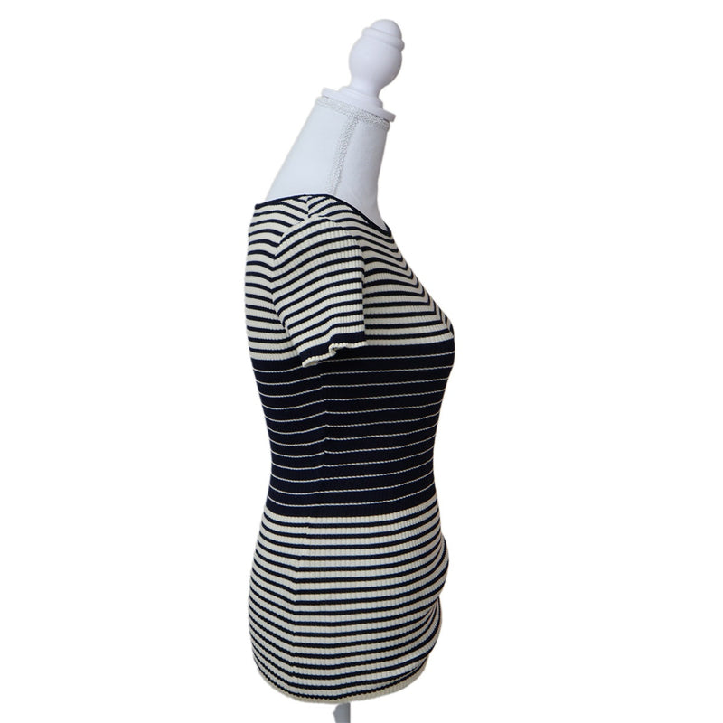 VALENTINO ヴァレンティノ ボーダー リブニット 半袖 トップス  Mサイズ ネイビー×ホワイト レディース 25k167-1