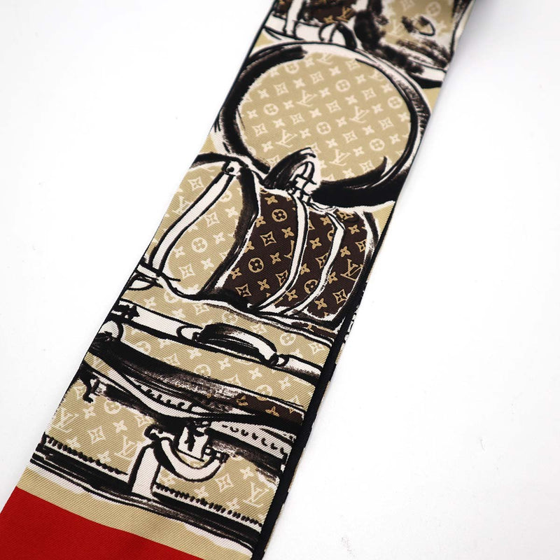 LOUIS VUITTON ルイヴィトン バンドー トランク ナロー M73964 シルク100％ スカーフ ベージュ/レッド モノグラム 箱あり 25k803-4