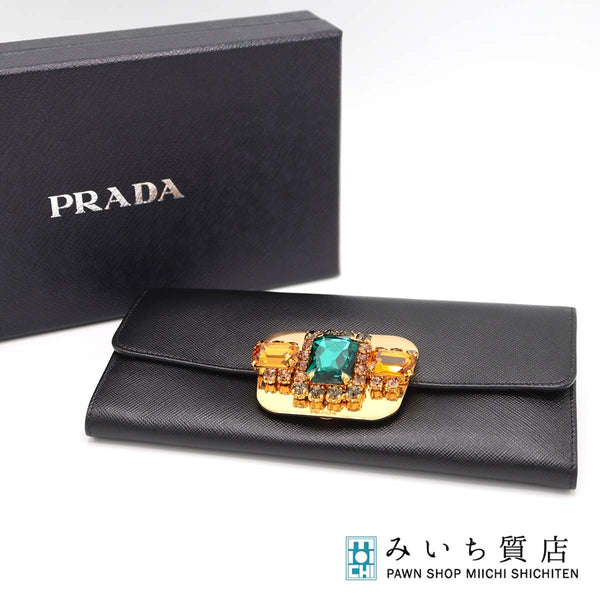 PRADA プラダ 長財布 1M1219 ビジュー ウォレット 黒 ブラック レディース 箱あり ok1180