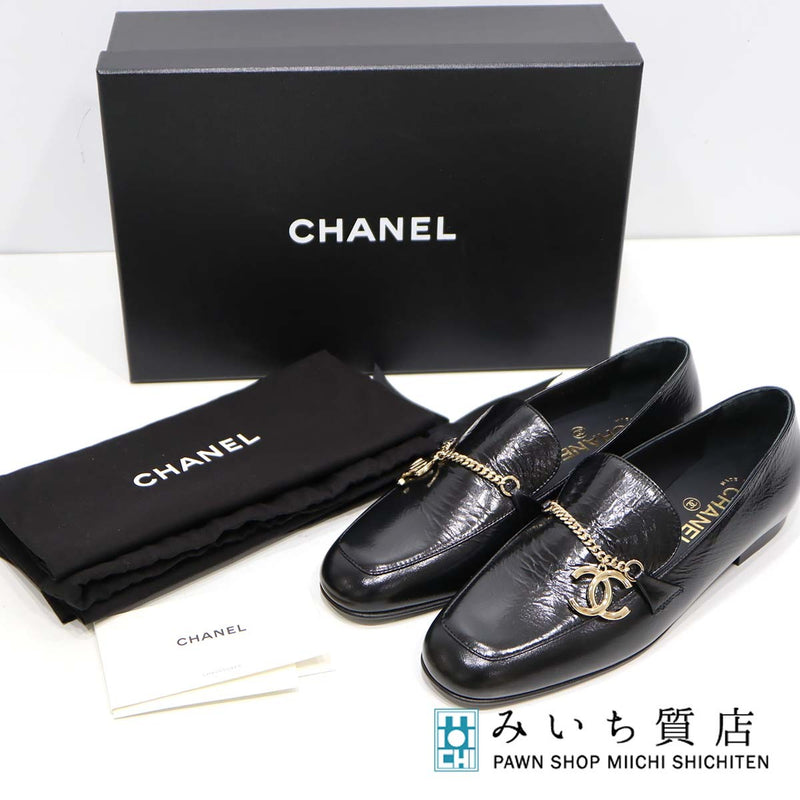未使用品 CHANEL シャネル G45568 ココマーク チェーン ローファー 靴 ブラック ゴールド金具 サイズ37 1/2 24.5cm H18917