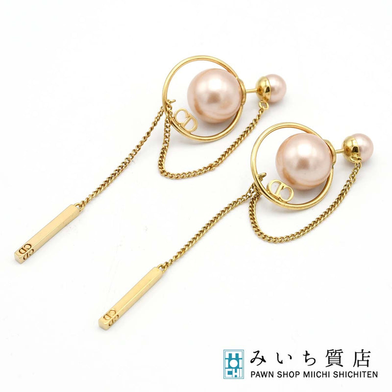 Christian Dior ディオール トライバルピアス レジンパール CDロゴ チェーン ピンク GP 7.3g 箱 袋あり yo646