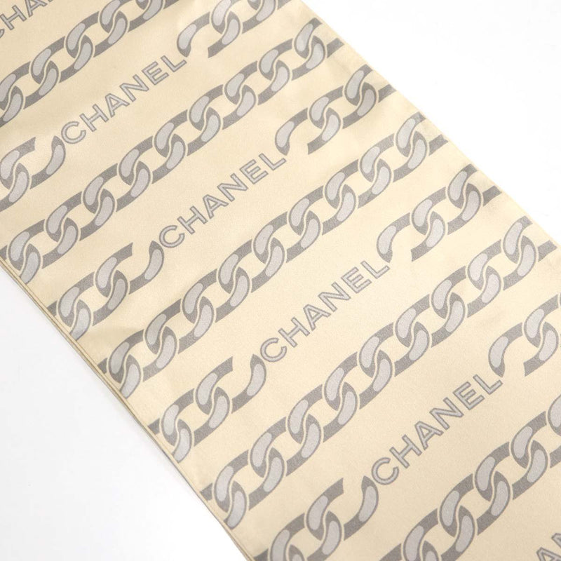CHANEL シャネル ロング スカーフ シルク100% ベージュ×グレー ロゴ チェーン柄 服飾小物 ok1032
