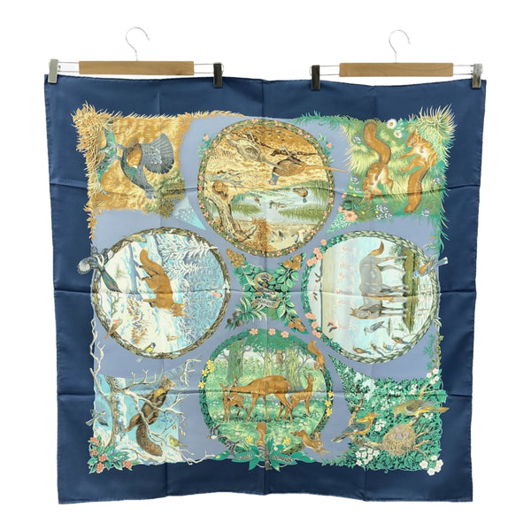 HERMES エルメス スカーフ カレ90 Les Quatre Saisons 四季 アニマル ブルー シルク100％ 25k252-3