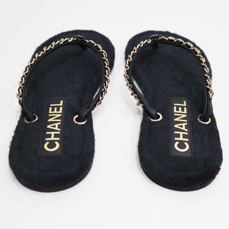 CHANEL シャネル ビーチサンダル G39886 ココマーク チェーン ゴールド金具 39 24.5cm 靴 ブラック フラット 23k418-2