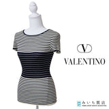 VALENTINO ヴァレンティノ ボーダー リブニット 半袖 トップス  Mサイズ ネイビー×ホワイト レディース 25k167-1