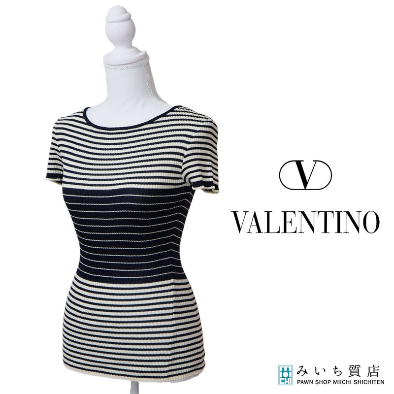 VALENTINO ヴァレンティノ ボーダー リブニット 半袖 トップス  Mサイズ ネイビー×ホワイト レディース 25k167-1