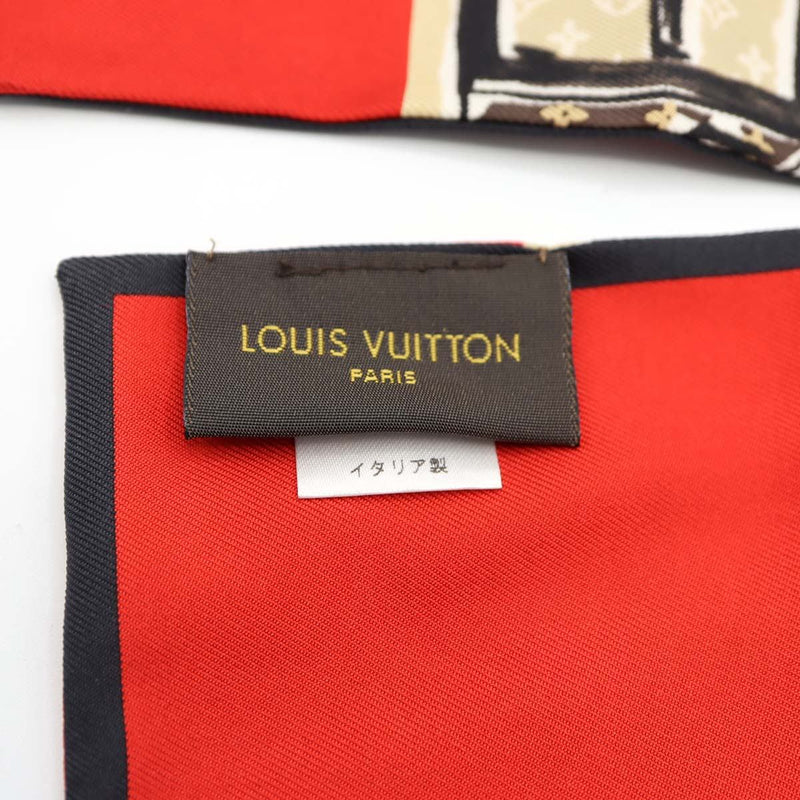LOUIS VUITTON ルイヴィトン バンドー トランク ナロー M73964 シルク100％ スカーフ ベージュ/レッド モノグラム 箱あり 25k803-4