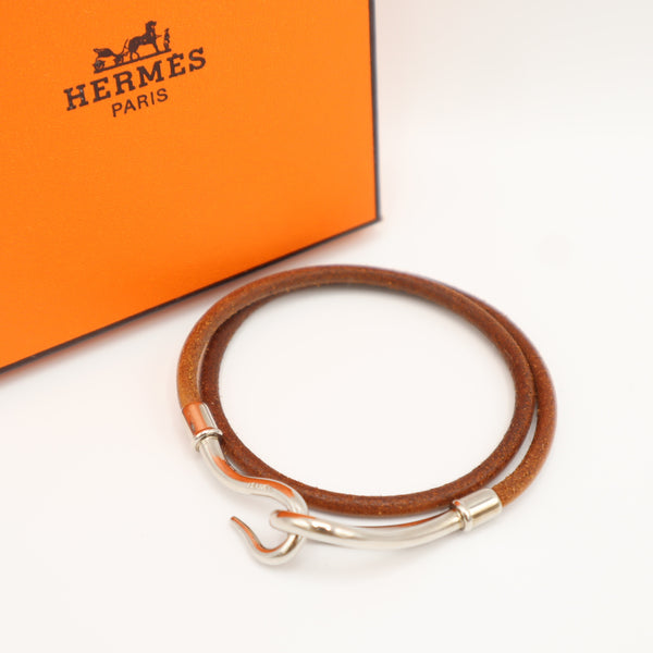 HERMES エルメス ジャンボブレス 2重巻 ブレスレット シルバー×ブラウン レザー アクセサリー H8159