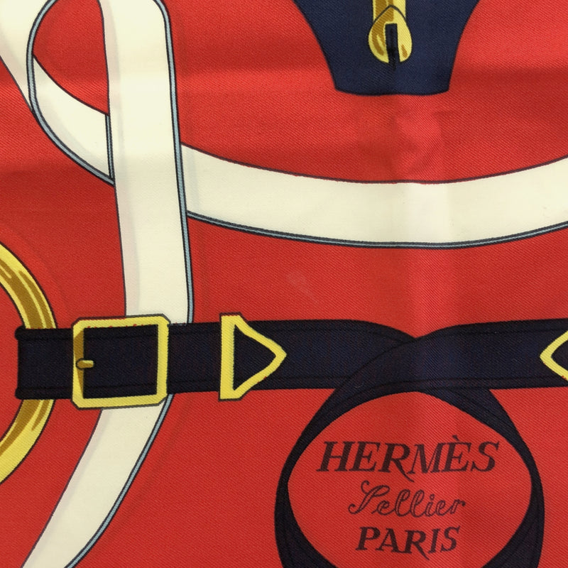 HERMES エルメス カレ90 スカーフ Eperon d'or 黄金の拍車 レッド ネイビー シルク100％ eco1459
