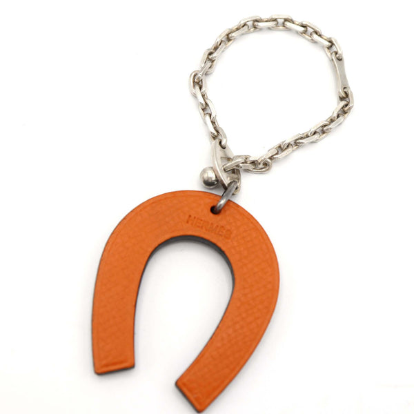 HERMES エルメス バッグチャーム 馬蹄 レザー シルバー 925 オレンジ ブラック アクセサリー 箱有 H18850