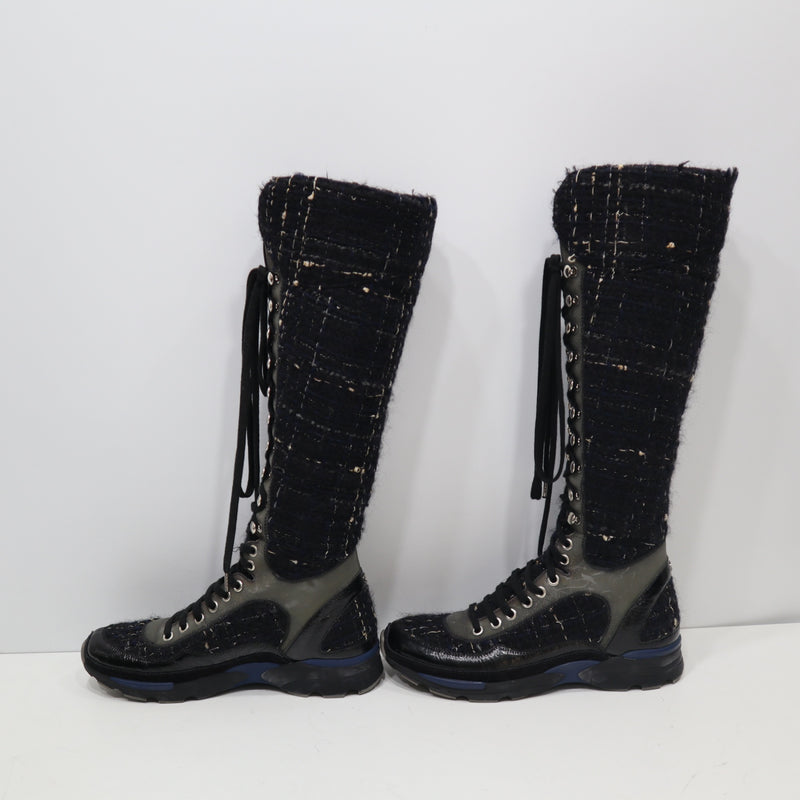 CHANEL シャネル ロングブーツ ツイード T G30443 37 ブラック レディース 靴 箱有 H6845