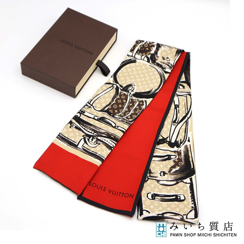 LOUIS VUITTON ルイヴィトン バンドー トランク ナロー M73964 シルク100％ スカーフ ベージュ/レッド モノグラム 箱あり 25k803-4