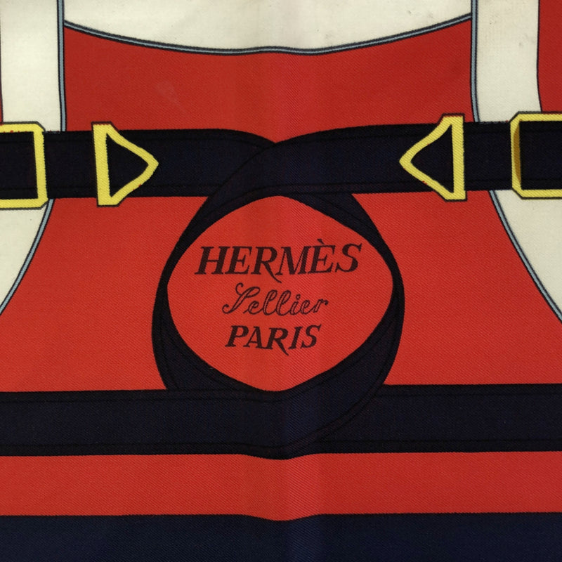 HERMES エルメス カレ90 スカーフ Eperon d'or 黄金の拍車 レッド ネイビー シルク100％ eco1459