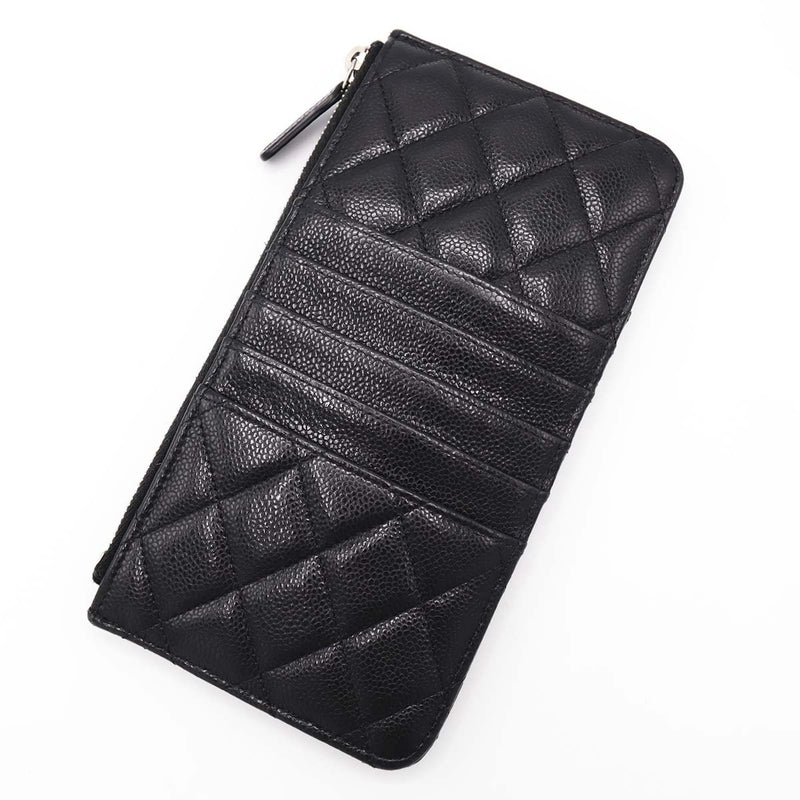 CHANEL シャネル フラグメントケース キャビアスキン マトラッセ クラシックポーチ ブラック×シルバー 30番代 H18279