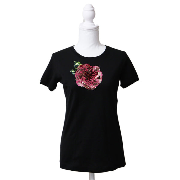 DOLCE&GABBANA ドルチェ&ガッバーナ ドルガバ スパンコール バラ 薔薇 半袖 Tシャツ レディース サイズ40 ブラック 25k167-77