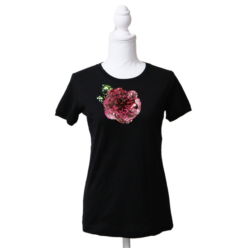 DOLCE&GABBANA ドルチェ&ガッバーナ ドルガバ スパンコール バラ 薔薇 半袖 Tシャツ レディース サイズ40 ブラック 25k167-77