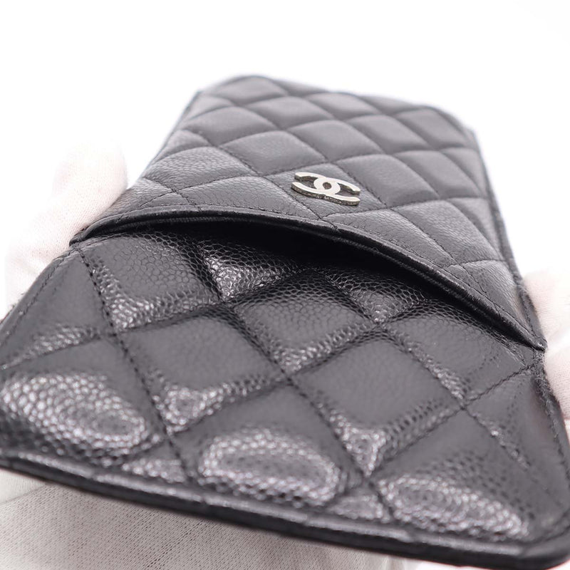 CHANEL シャネル フラグメントケース キャビアスキン マトラッセ クラシックポーチ ブラック×シルバー 30番代 H18279