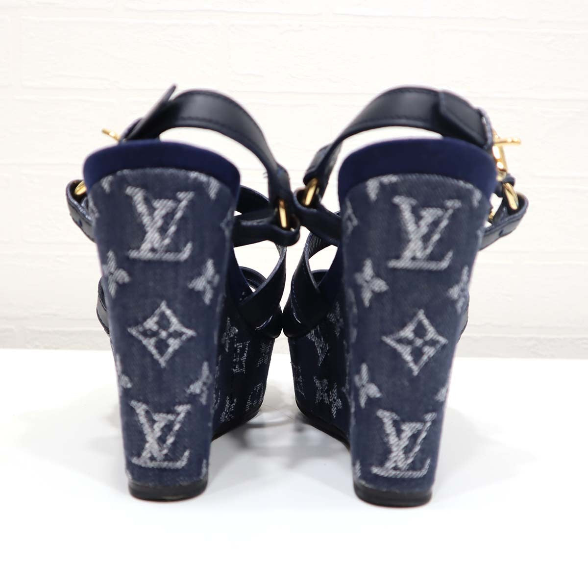 LV 靴 サンダル ウェッジソール ブルー デニム レザー 35 サイズ