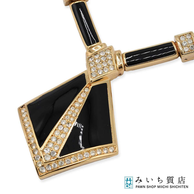 Christian Dior クリスチャンディオール ネックレス オニキス ラインストーン 約61g ゴールドカラー アクセサリー 箱有 k691