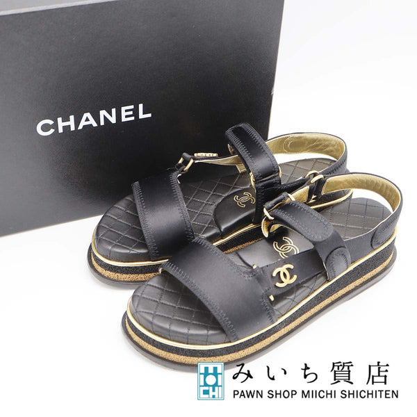 CHANEL シャネル ココマーク マトラッセ サテン×レザー サンダル G32676 黒 サイズ37C 24cm H18921
