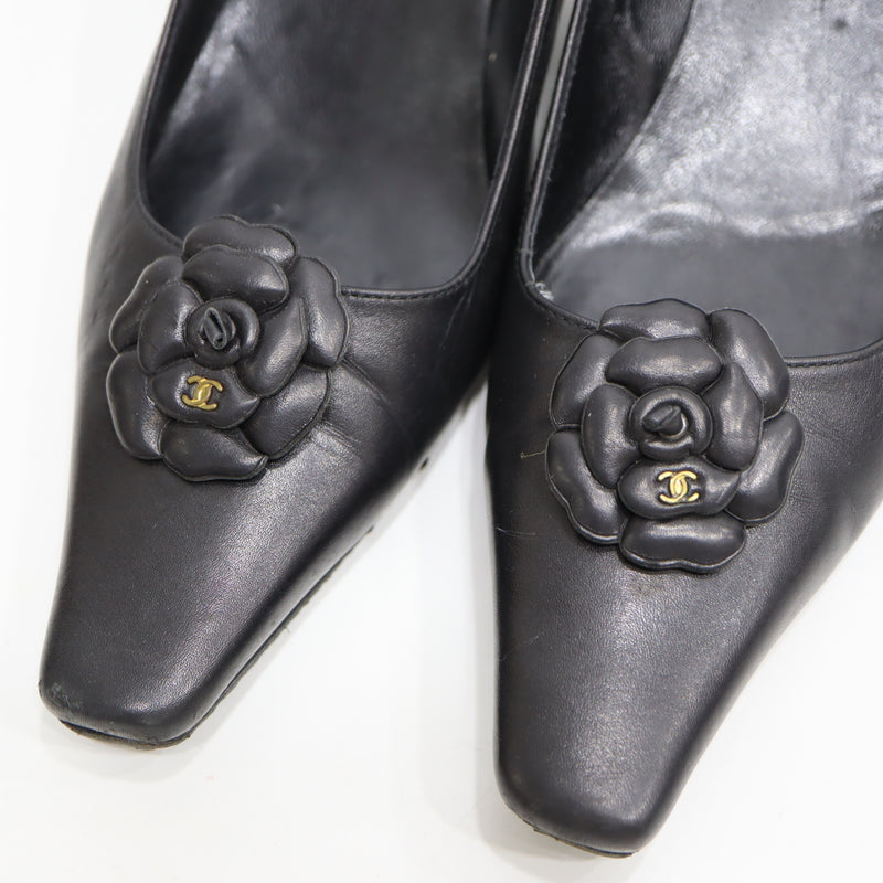 CHANEL シャネル パンプス ヒール サンダル カメリア ココマーク 37 1/2 ブラック レディース yo80