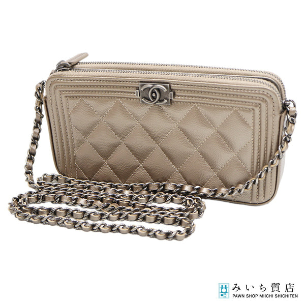 未使用 CHANEL シャネル ボーイシャネル チェーンウォレット ショルダーバッグ キャビアスキン 24番台 ゴールドカラー系 H9538