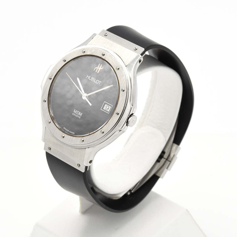 稼働 腕時計 HUBLOT ウブロ MDM 1520.100.1 クォーツ 黒文字盤 ラウンドフェイス デイト 2025.7電池交換済 M851
