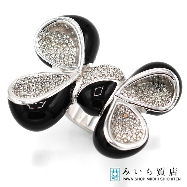 Christian Dior ディオール リング ラインストーン リボン 11.5号 ブラック シルバーカラー 約33.6g アクセサリー H8762