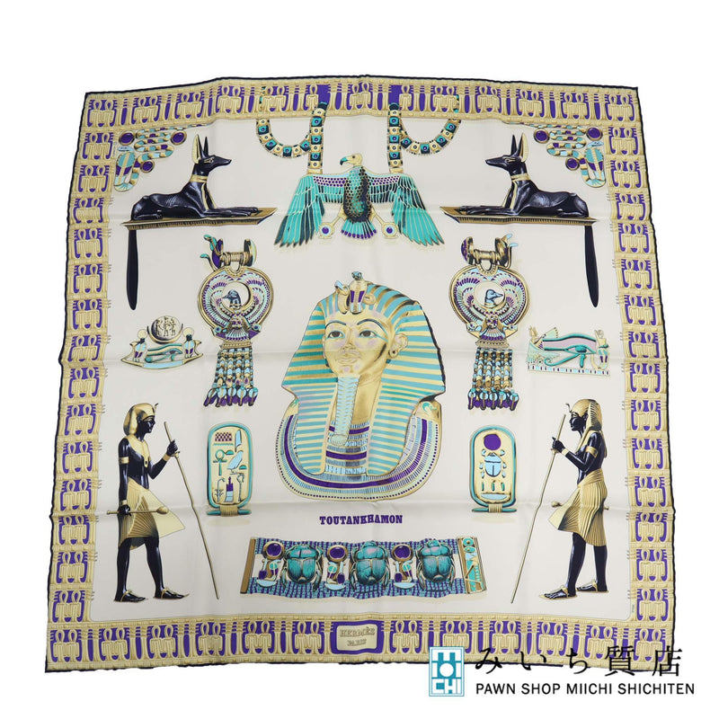 HERMES エルメス スカーフ カレ70 TUTANKHAMUN ツタンカーメン シルク100％ ホワイト系 服飾小物 H7461