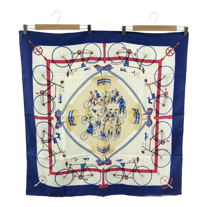 HERMES エルメス カレ90 スカーフ LES BECANES 自転車 シルク100 白 青 M2336-2
