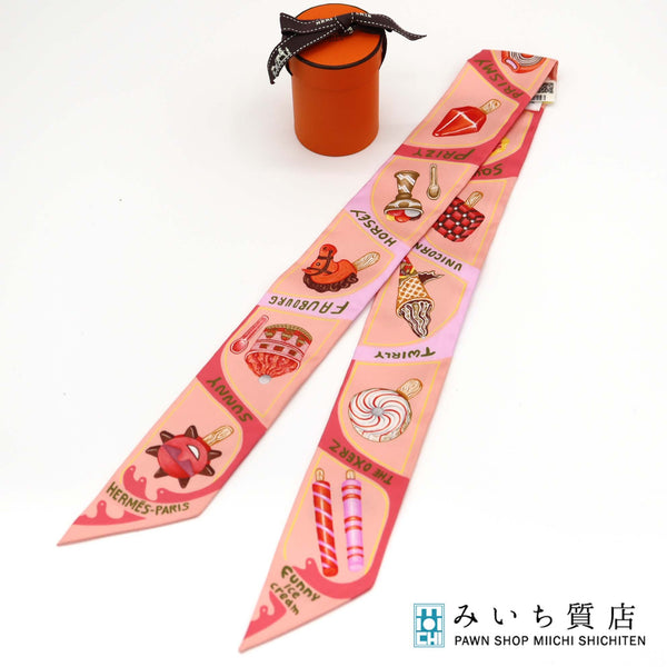 未使用品 HERMES エルメス ツイリー FUNNY ICE CREAM ファニー アイスクリーム スカーフ 064109S シルク100％ ピンク 服飾小物 H17838
