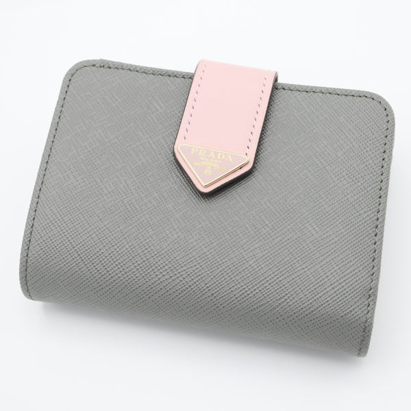 未使用 PRADA プラダ 二つ折り財布 SAFFAIANO TAB サフィアーノ レザー 1ML018 ウォレット グレー×ピンク 箱有 M4178
