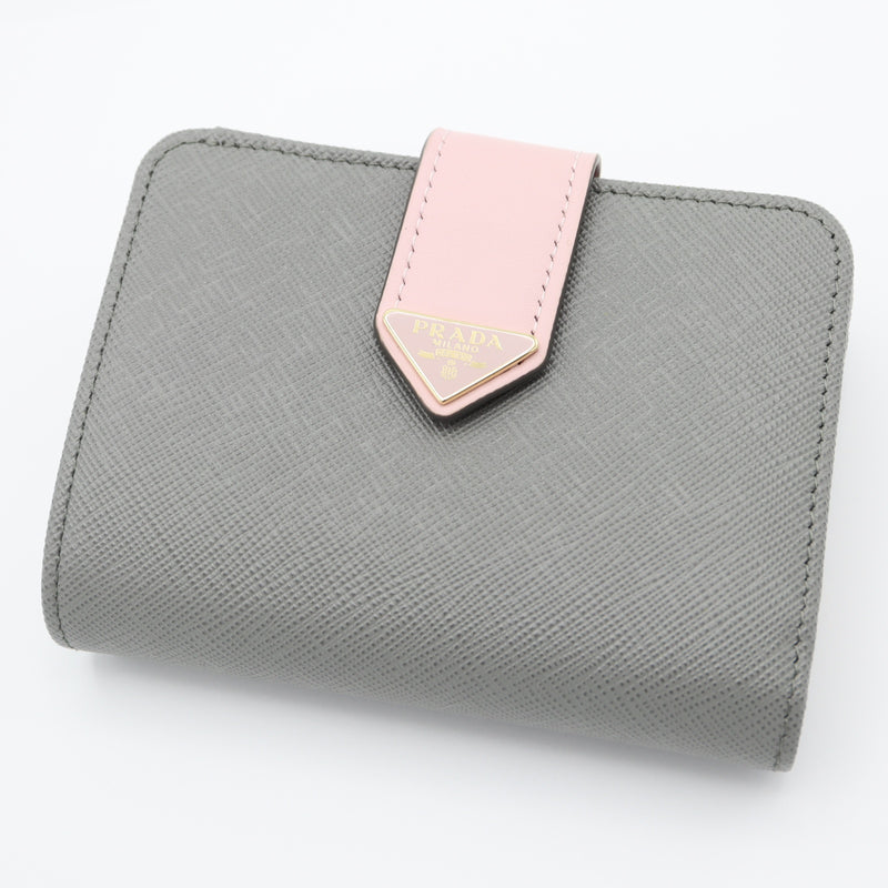 未使用 PRADA プラダ 二つ折り財布 SAFFAIANO TAB サフィアーノ レザー 1ML018 ウォレット グレー×ピンク 箱有 M4178