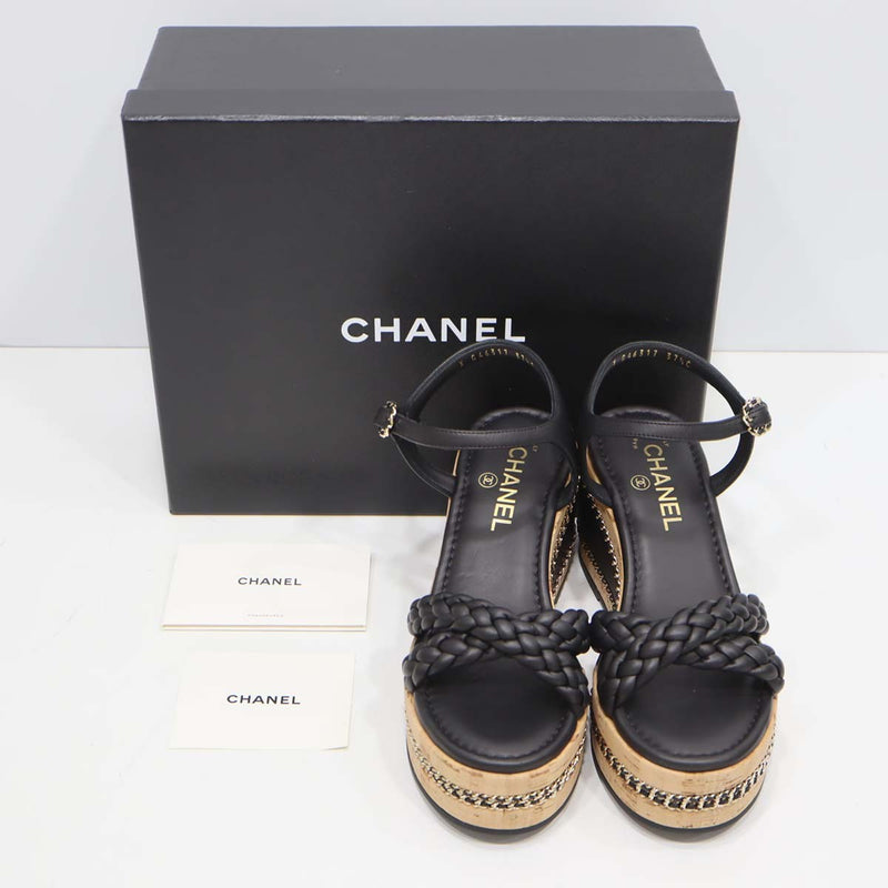 未使用 CHANEL シャネル ウエッジソール サンダル G46317 チェーン ココマーク ブラック サイズ37 1/2 靴 24.5cm H20151