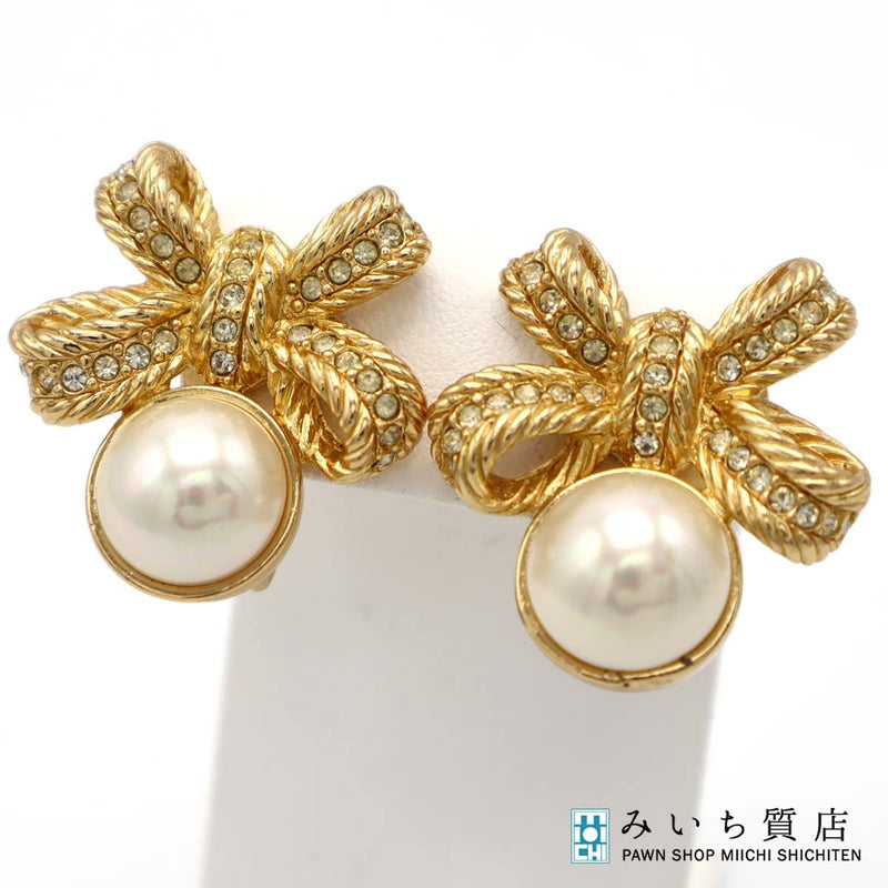 Christian Dior ディオール イヤリング リボン フェイクパール ゴールドカラー アクセサリー レディース H1745