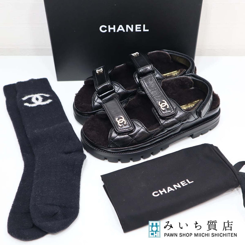 未使用 シャネル CHANEL サンダル ボア G45291 ソックス付き ココマーク ラインストーン 38 サイズ ブラック 黒 23k791-5