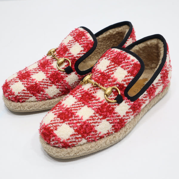 未使用 GUCCI グッチ 575850 ローファー ホースビット チェック ツイード レッド 36 1/2サイズ レディース 箱有 H9375