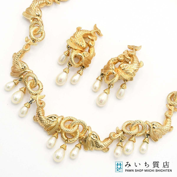 Christian Dior ディオール ゴールドフィッシュ イヤリング ネックレス セット フェイクパール アクセサリー まとめ ケースあり hi28