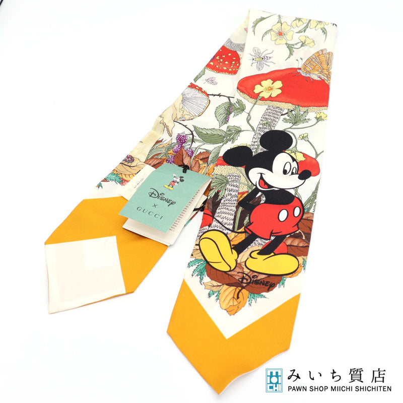 未使用 GUCCI グッチ ディズニーコラボ ツイリー 609320 3G001 9276 シルク100％ スカーフ イエロー×ホワイト M3139