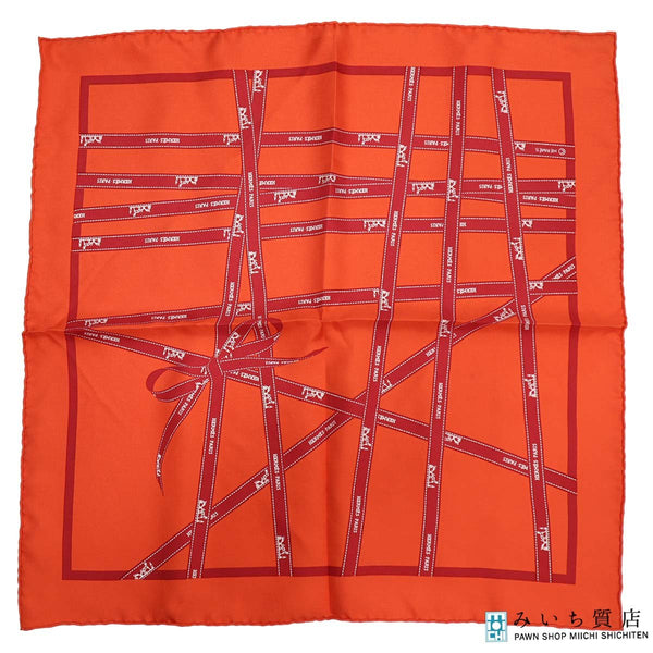 HERMES エルメス カレ40 ボルデュック Bolduc au Carre スカーフ リボン オレンジ×レッド シルク100 箱有 H19288
