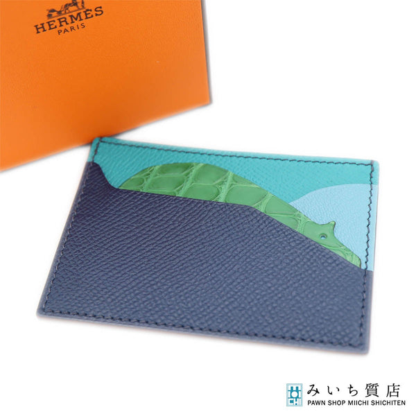 HERMES エルメス プティ アッシュ カードホルダー カードケース カバ かば パスケース 青系 箱有 H20086