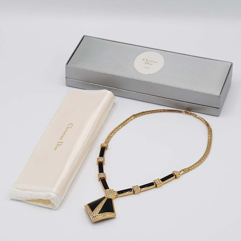 Christian Dior クリスチャンディオール ネックレス オニキス ラインストーン 約61g ゴールドカラー アクセサリー 箱有 k691