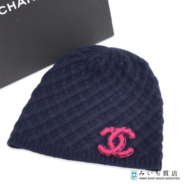 CHANEL シャネル ニットキャップ ココマーク 帽子 ネイビー カシミヤ100% レディース 箱有 H19255