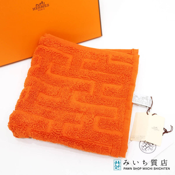 未使用 HERMES エルメス ミニタオル ハンカチ オレンジ コットン 箱有 25k627-15