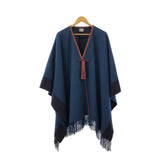 HERMES エルメス ロカバール ポンチョ レザータッセル トップス カシミヤ ウール ブルー系 H12849