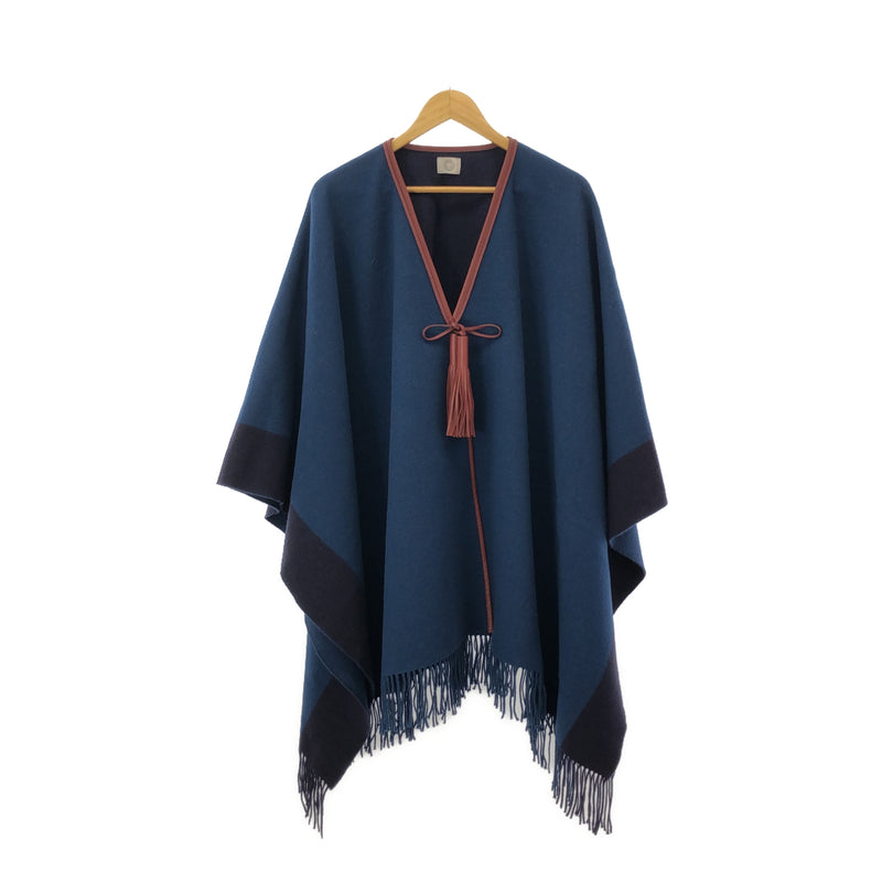 HERMES エルメス ロカバール ポンチョ レザータッセル トップス カシミヤ ウール ブルー系 H12849